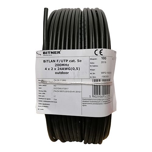 Tömör 4 x 2 x 0,5 F/UTP CAT.5e 200MHz PE 100m 120797
