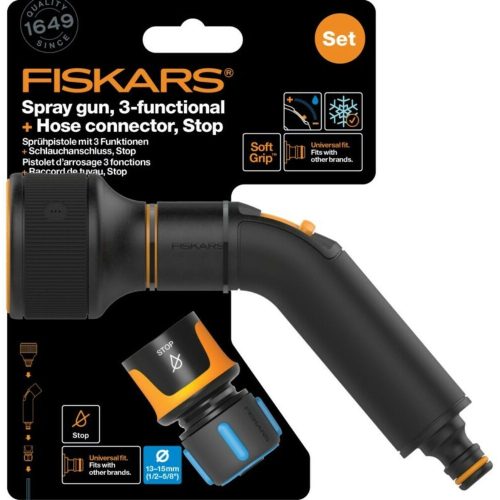 Fiskars Comfort locsolópisztoly, 3 funkciós  + CF tömlőcsatlakozó 13-15mm, STOP - 1057608