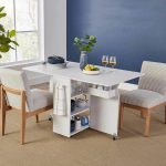 Összecsukható gurulós asztal polcokkal kinyitható asztallappal fehér HOP1001539